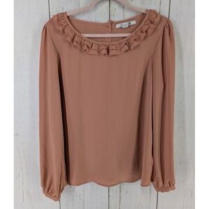 Forever 21‎ Size Large Tan Ruffle Trim Long Sleeve Casual Womens Blouse